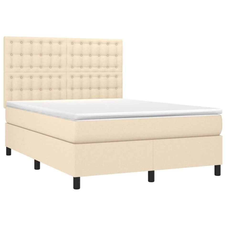 Cama box spring colchón y luces LED tela crema 140x190