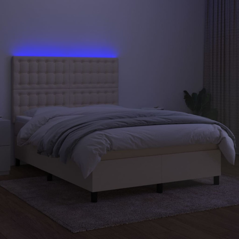 Cama box spring colchón y luces LED tela crema 140x190