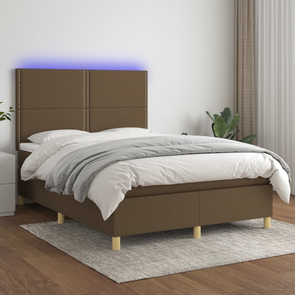 Cama box spring colchón luces LED tela marrón oscuro