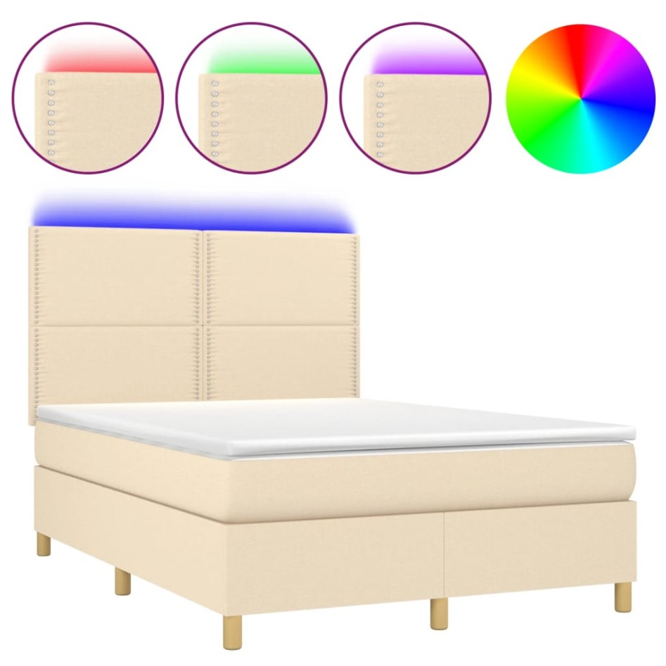 Cama box spring colchón y luces LED tela crema 140x200