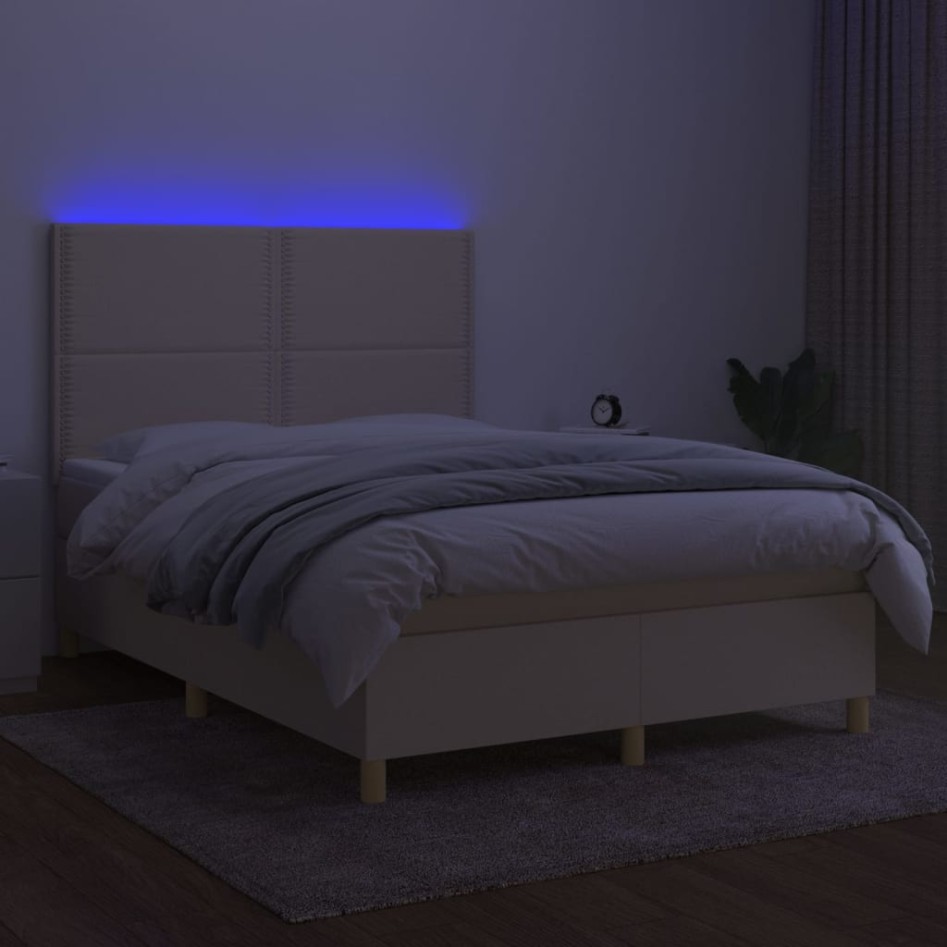 Cama box spring colchón y luces LED tela crema 140x200