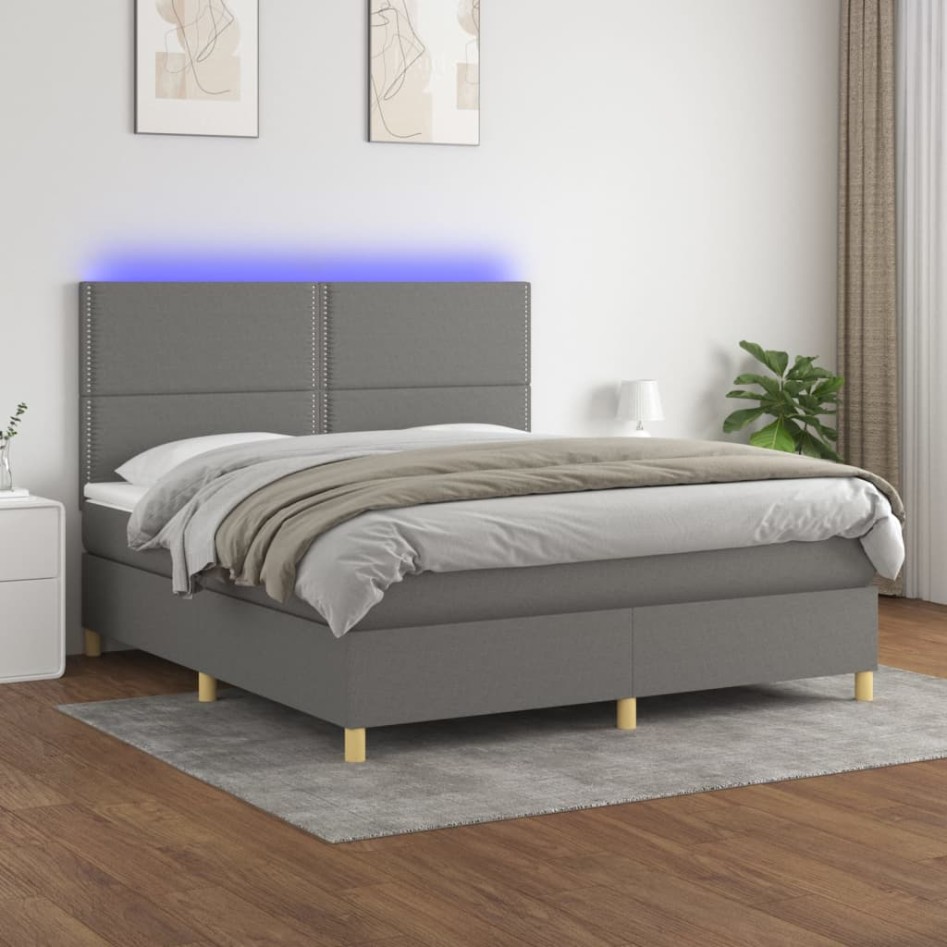 Cama box spring colchón y luces LED tela gris oscuro 180x200