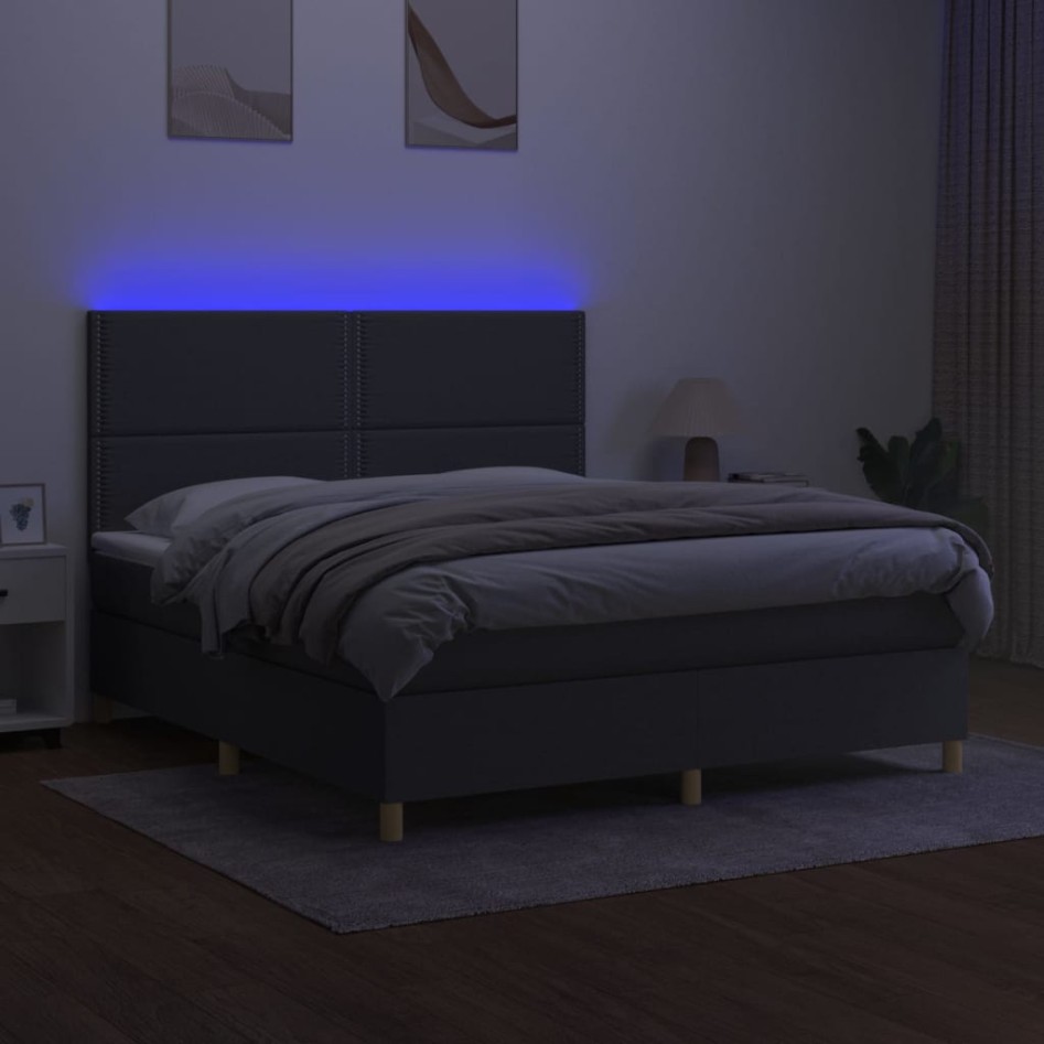Cama box spring colchón y luces LED tela gris oscuro 180x200