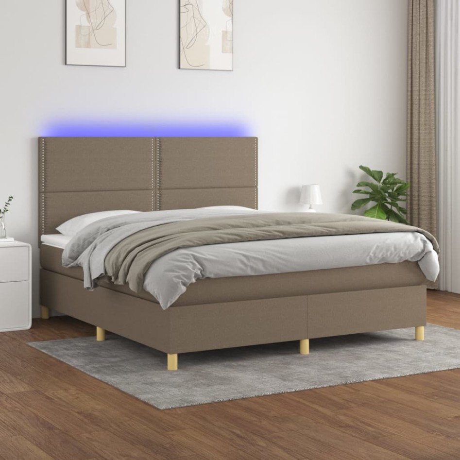 Cama box spring colchón y luces LED tela gris taupe 160x200