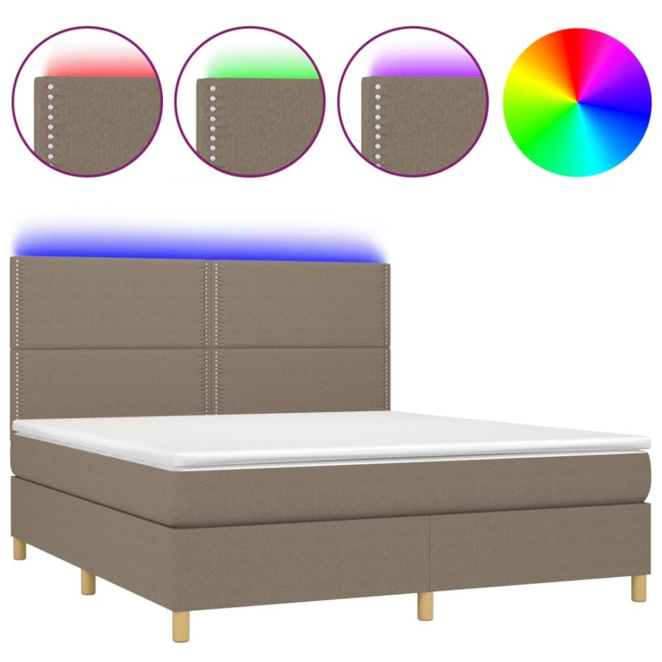 Cama box spring colchón y luces LED tela gris taupe 160x200