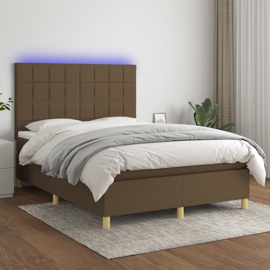 Cama box spring colchón luces LED tela marrón oscuro 140x190