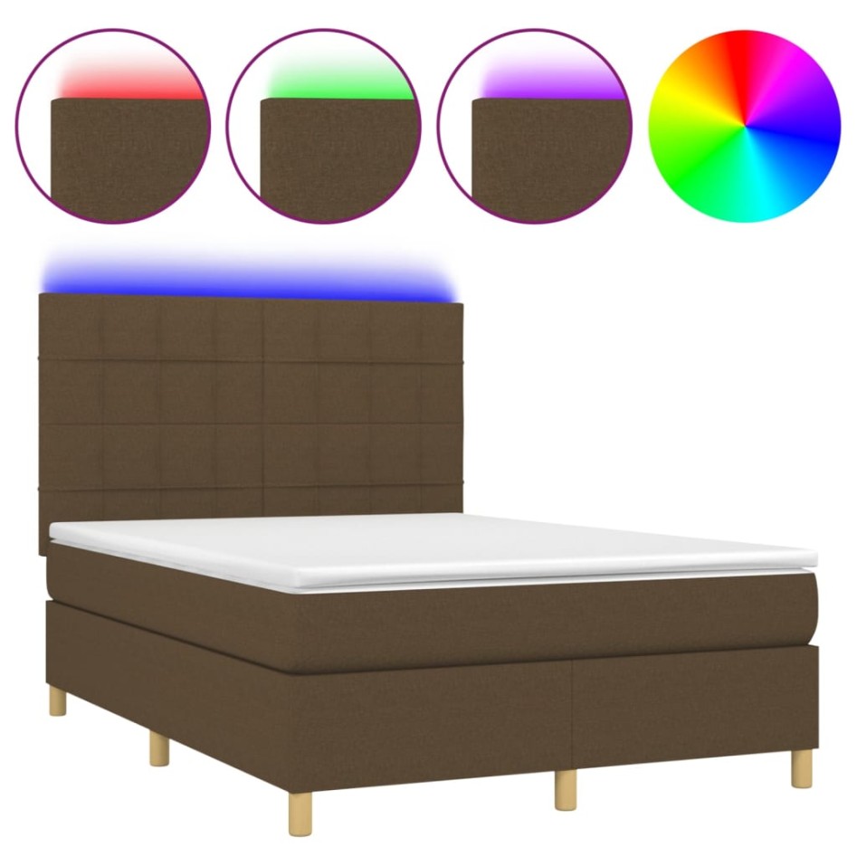 Cama box spring colchón luces LED tela marrón oscuro 140x190