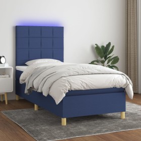 Cama box spring colchón y luces LED tela azul 80x200
