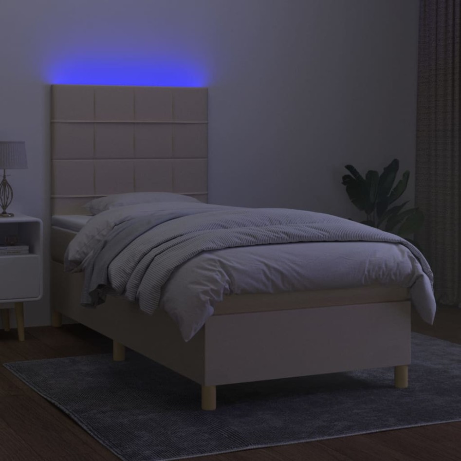 Cama box spring colchón y luces LED tela crema 100x200
