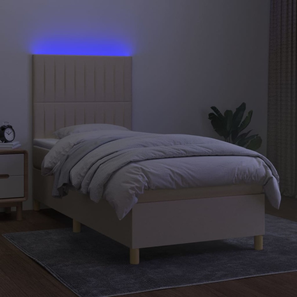 Cama box spring colchón y luces LED tela crema 80x200