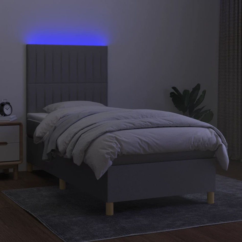 Cama box spring colchón y luces LED tela gris claro 80x200