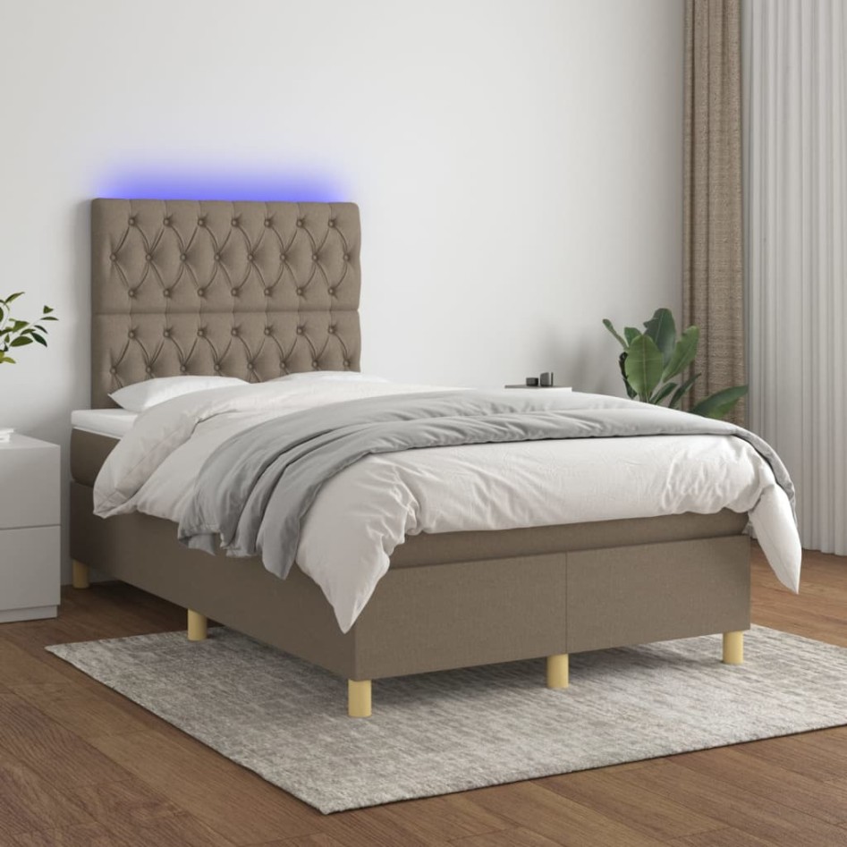 Cama box spring con colchón y LED tela gris taupe 120x200