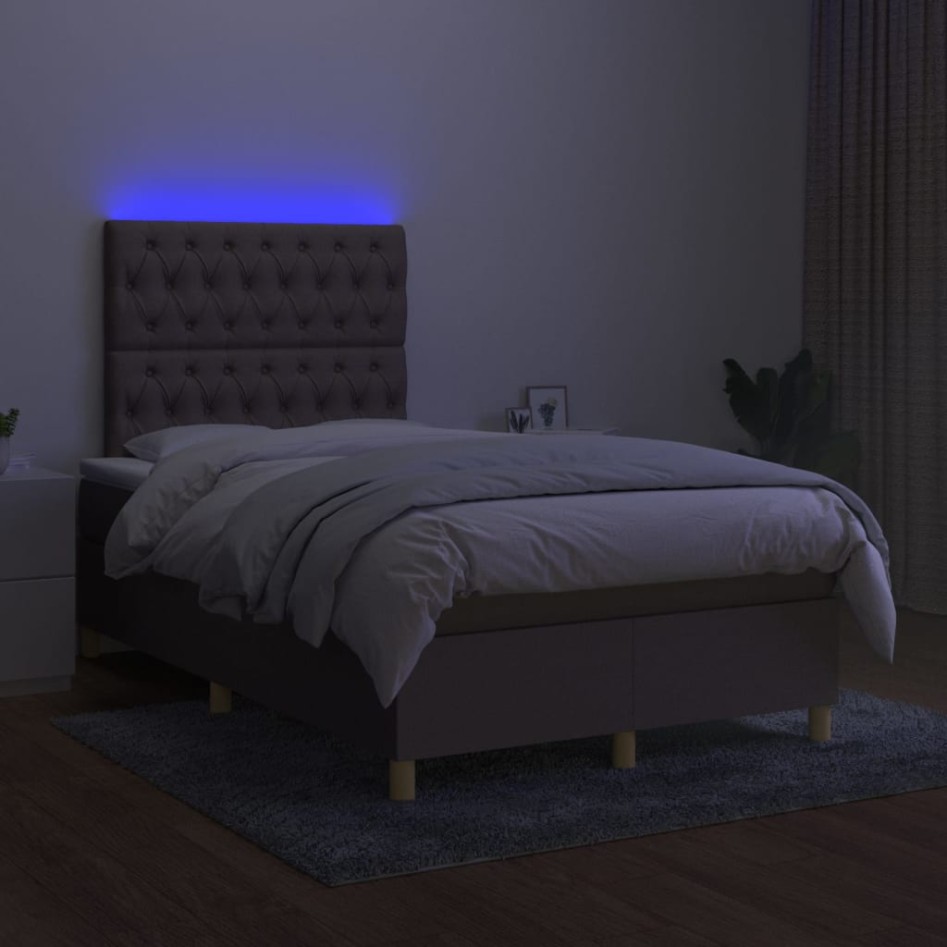 Cama box spring con colchón y LED tela gris taupe 120x200