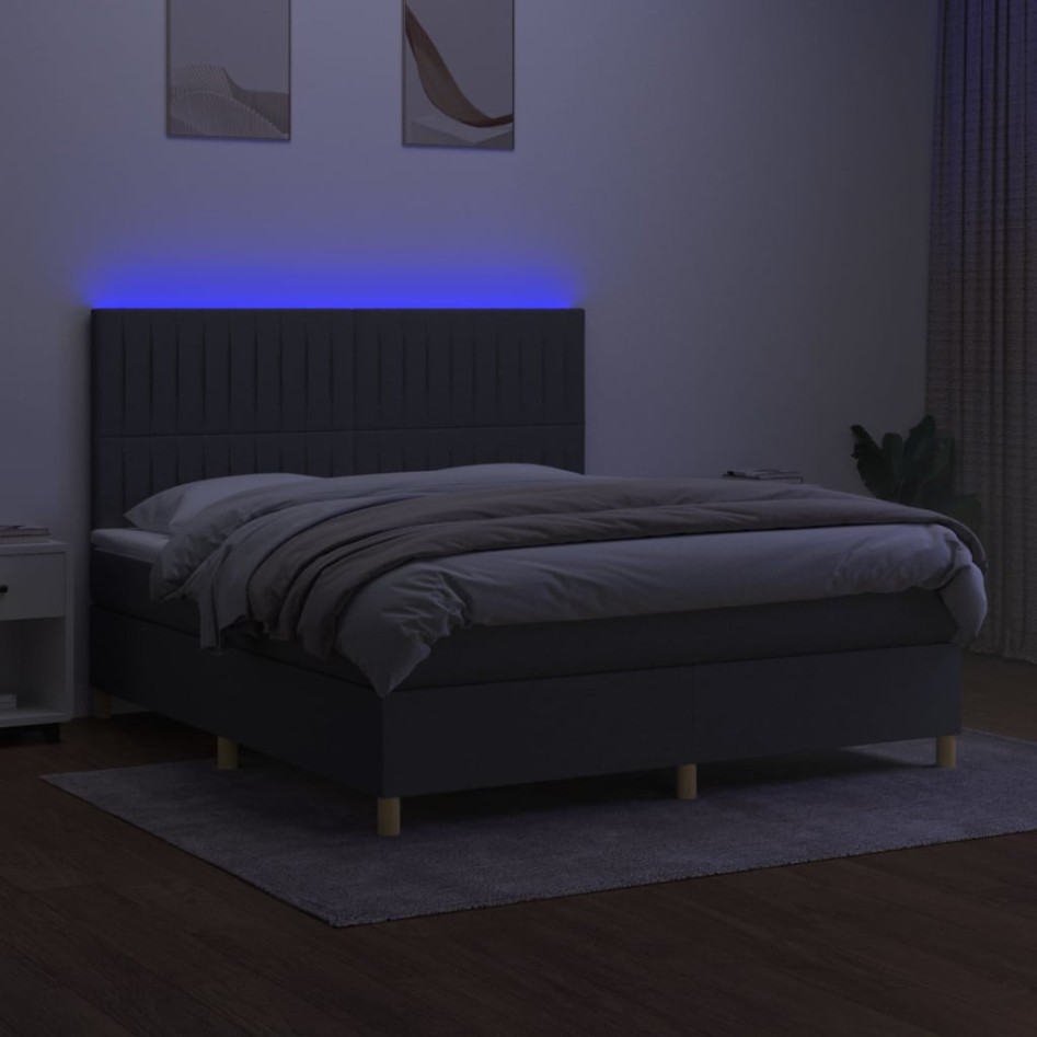 Cama box spring colchón y luces LED tela gris oscuro 160x200