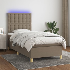 Cama box spring colchón y luces LED tela gris taupe 90x200