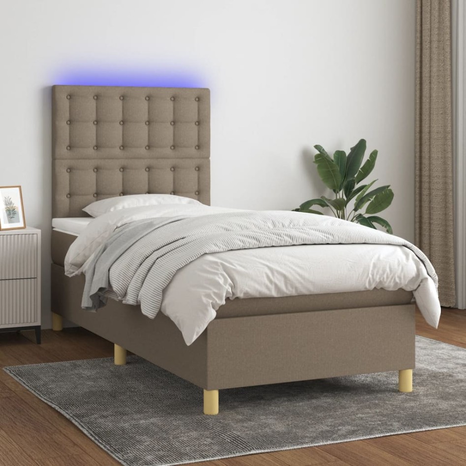 Cama box spring colchón y luces LED tela gris taupe 90x200