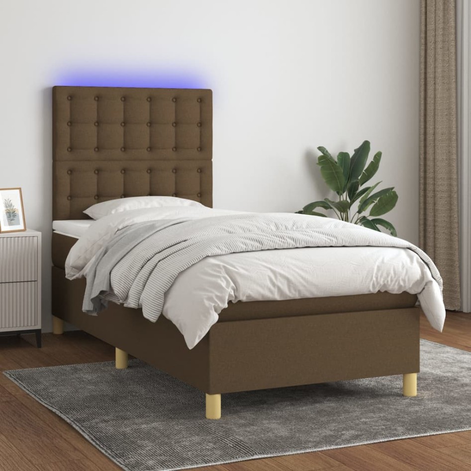 Cama box spring colchón luces LED tela marrón oscuro