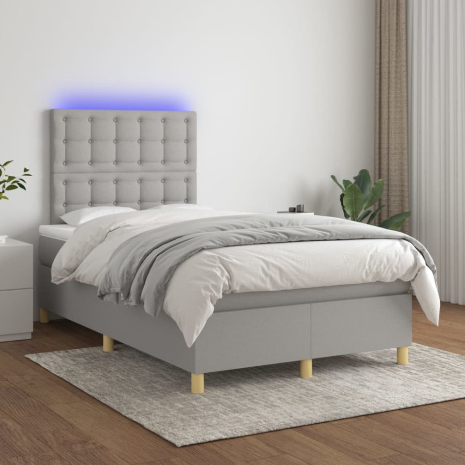 Cama box spring con colchón tela y LED gris claro 120x200