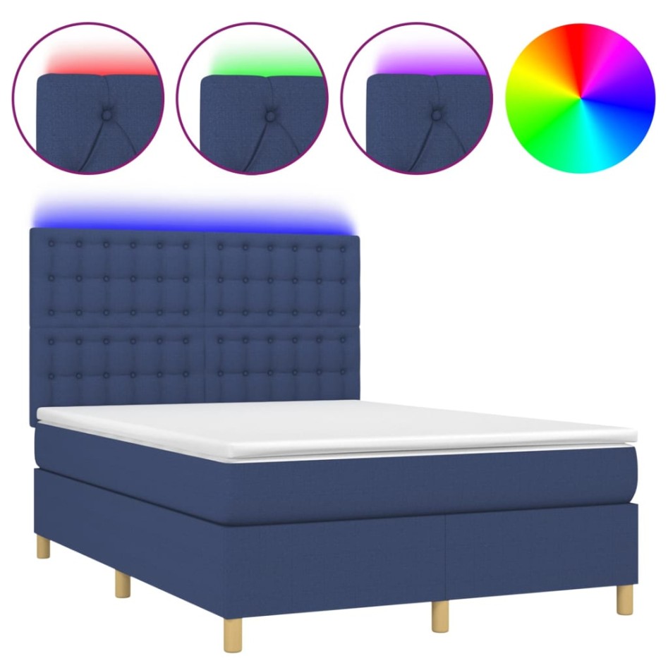 Cama box spring colchón y luces LED tela azul 140x190