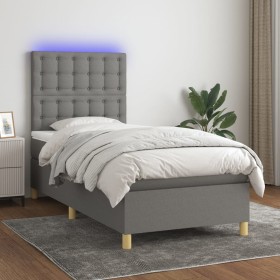 Cama box spring colchón y luces LED tela gris oscuro 100x200