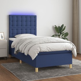 Cama box spring colchón y luces LED tela azul 80x200