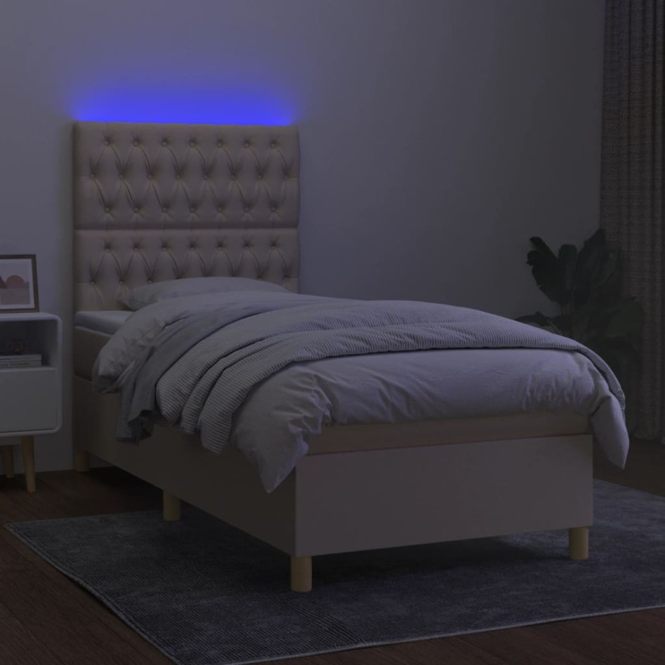 Cama box spring colchón y luces LED tela crema 90x200