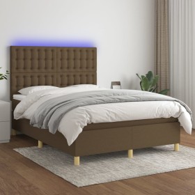 Cama box spring colchón luces LED tela marrón oscuro