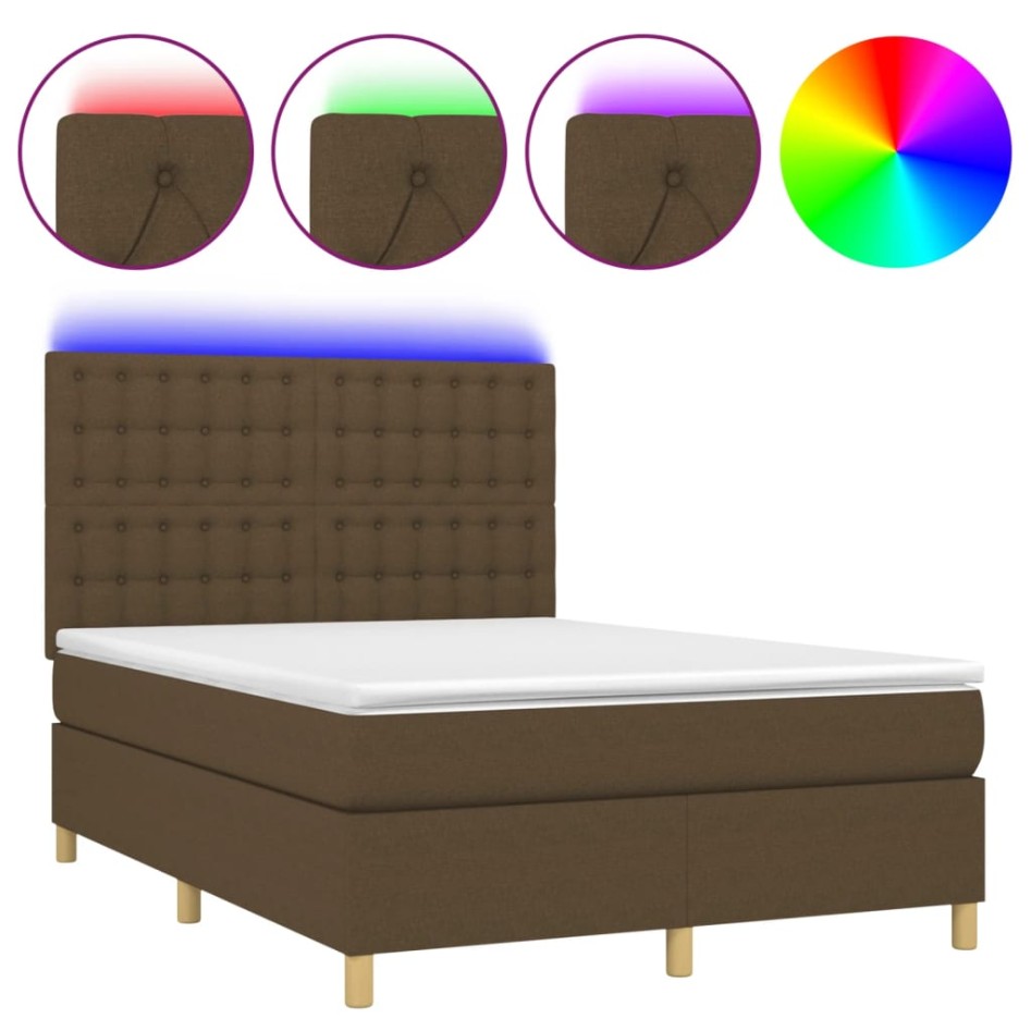 Cama box spring colchón luces LED tela marrón oscuro