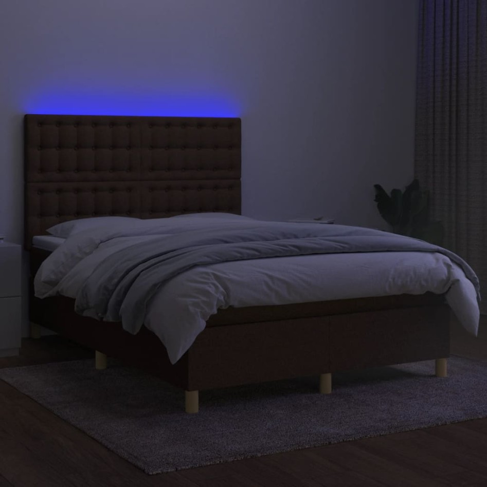 Cama box spring colchón luces LED tela marrón oscuro