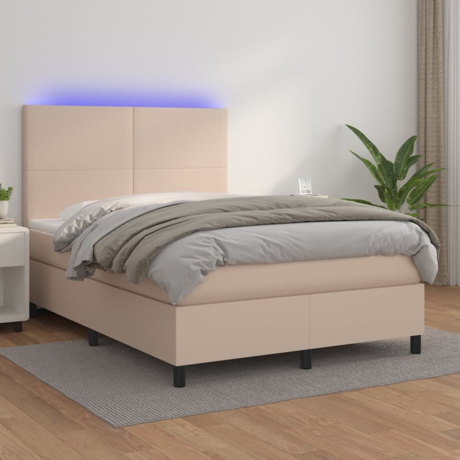 Cama box spring colchón LED cuero sintético capuchino
