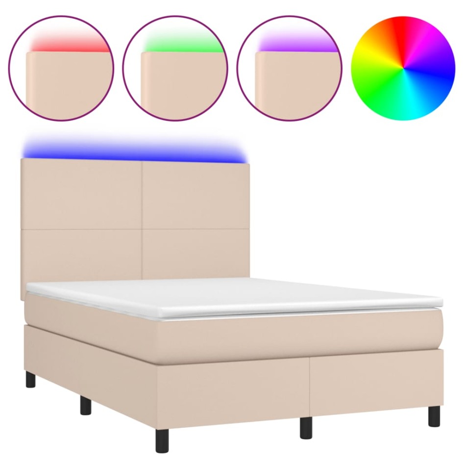 Cama box spring colchón LED cuero sintético capuchino