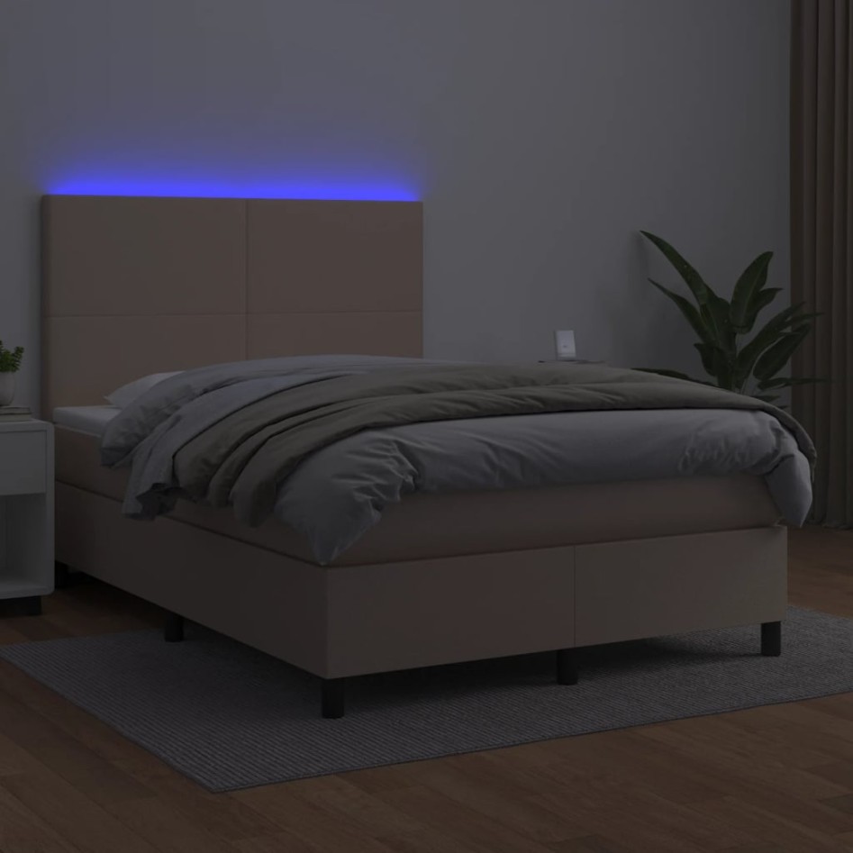 Cama box spring colchón LED cuero sintético capuchino