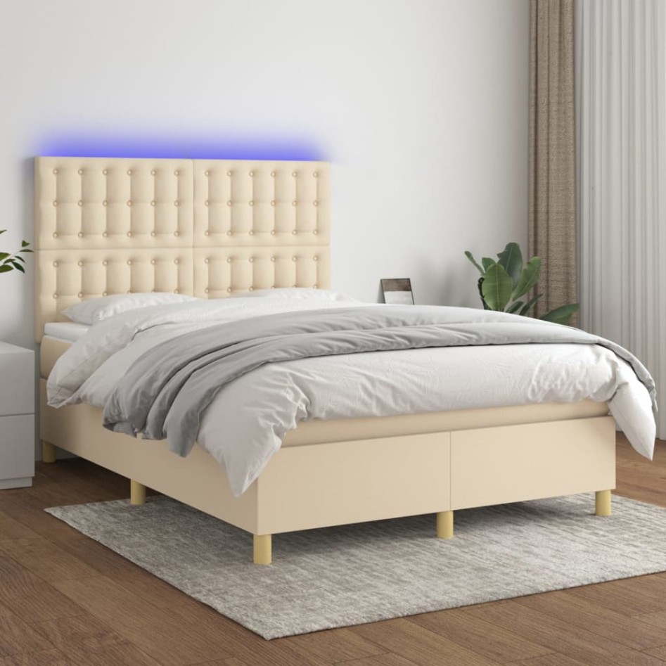 Cama box spring colchón y luces LED tela crema 140x200