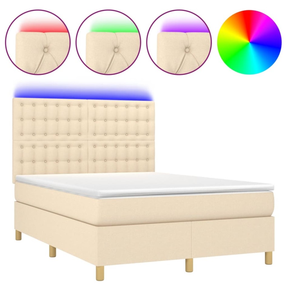 Cama box spring colchón y luces LED tela crema 140x200