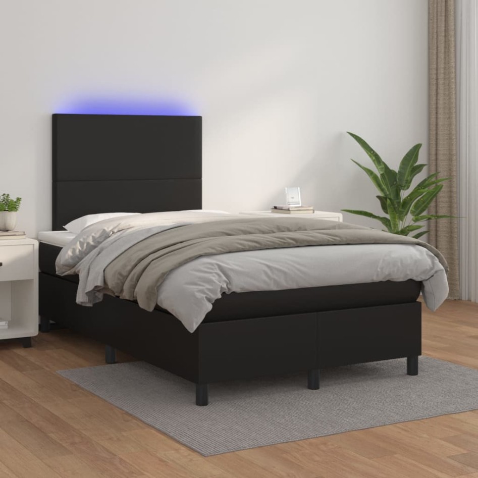 Cama box spring colchón y LED cuero sintético negro 120x200