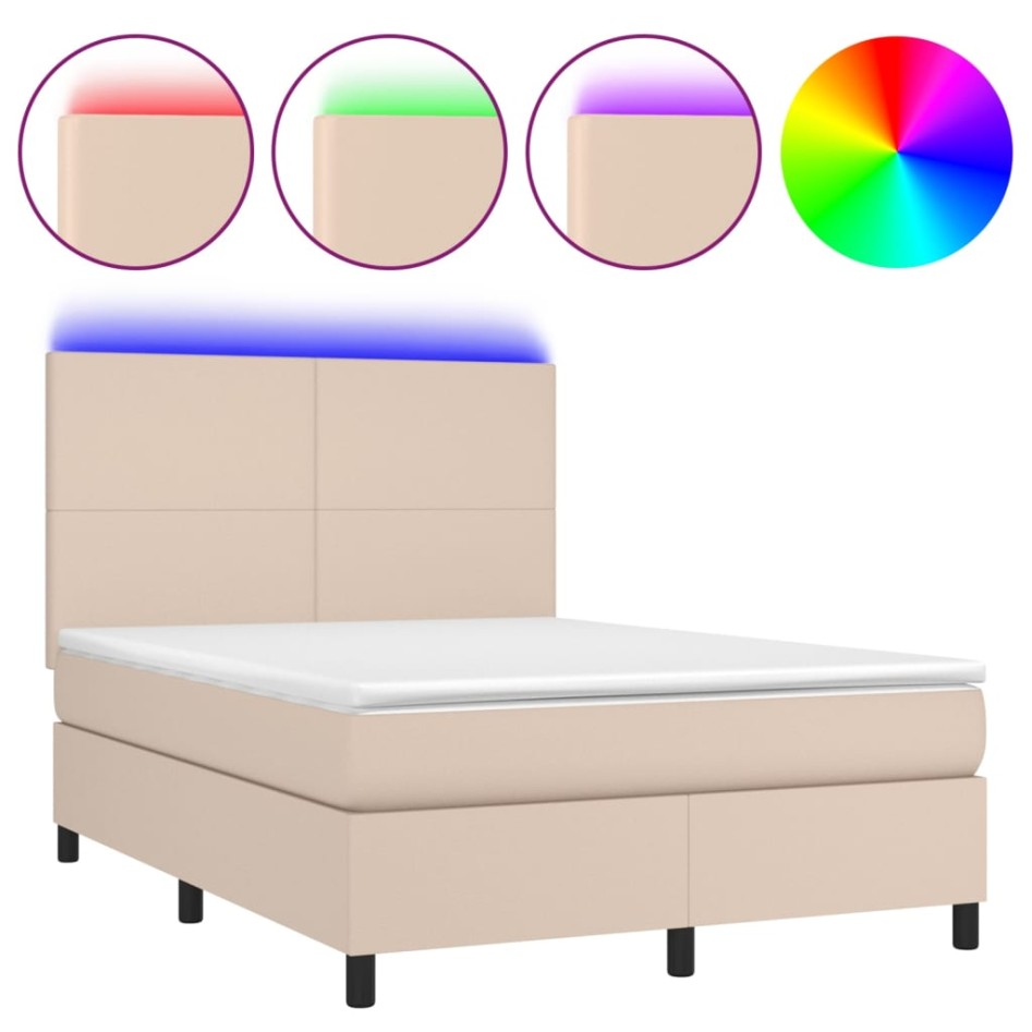 Cama box spring colchón LED cuero sintético capuchino