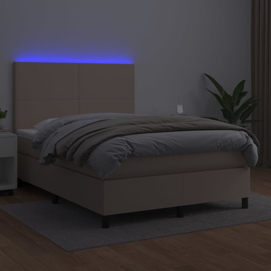 Cama box spring colchón LED cuero sintético capuchino