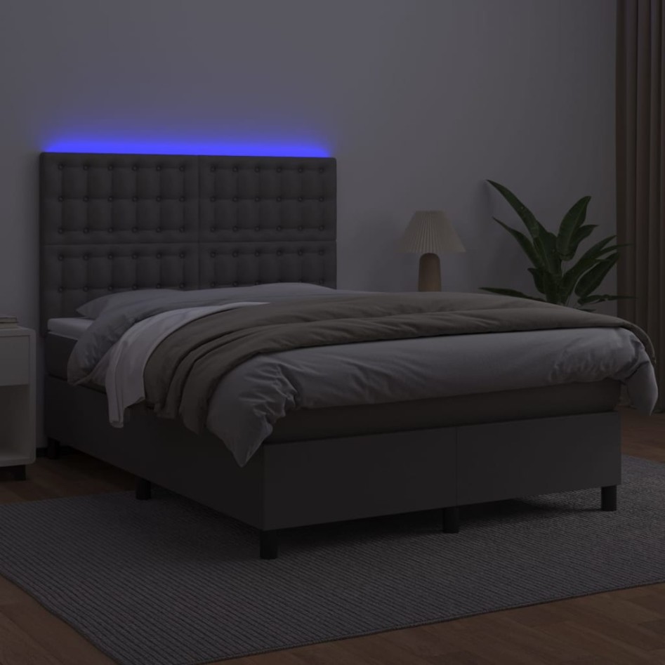 Cama box spring colchón y LED cuero sintético gris 140x200