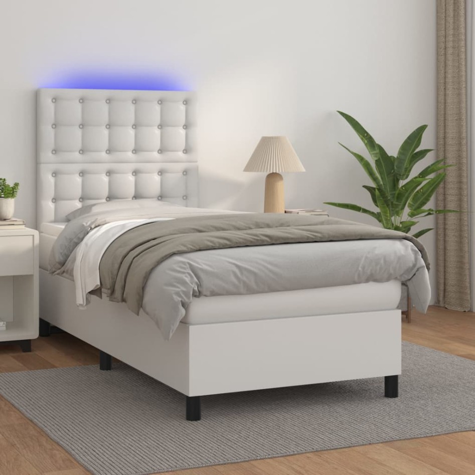 Cama box spring colchón y LED cuero sintético blanco 100x200