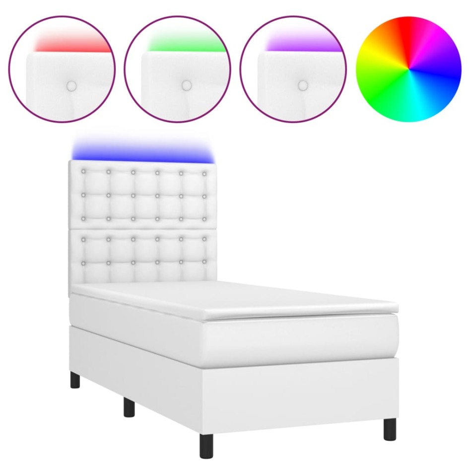 Cama box spring colchón y LED cuero sintético blanco 100x200