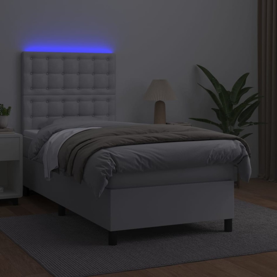 Cama box spring colchón y LED cuero sintético blanco 100x200