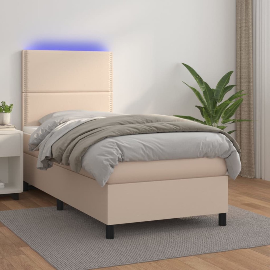 Cama box spring colchón LED cuero sintético capuchino