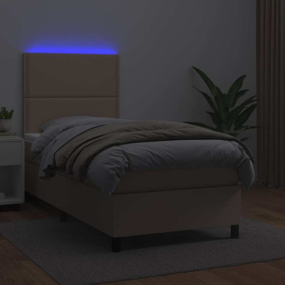 Cama box spring colchón LED cuero sintético capuchino