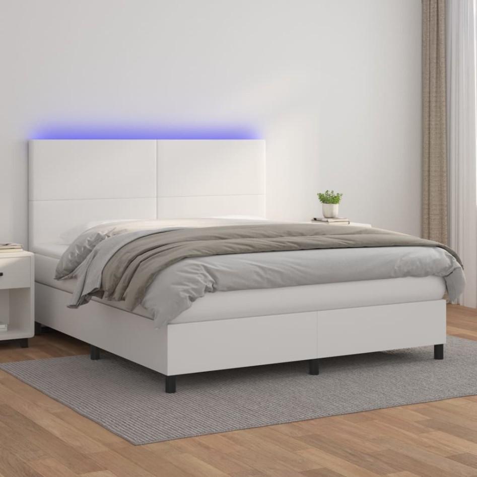 Cama box spring colchón y LED cuero sintético blanco 160x200