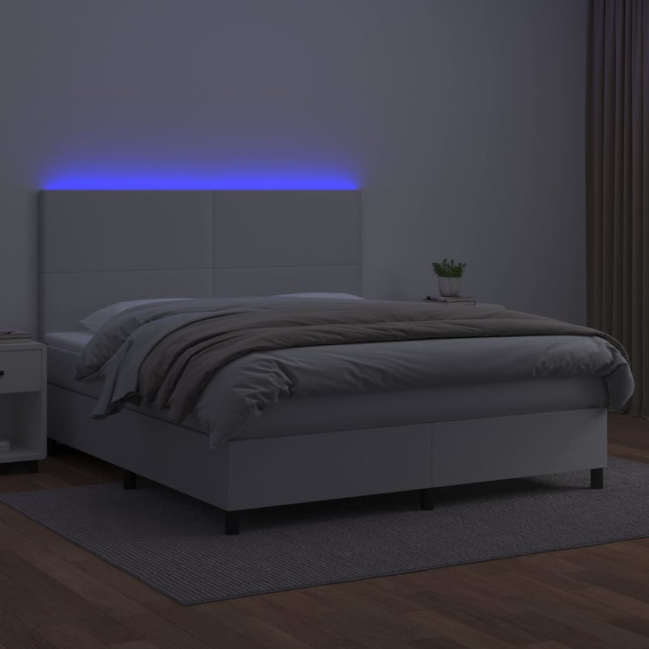 Cama box spring colchón y LED cuero sintético blanco 160x200