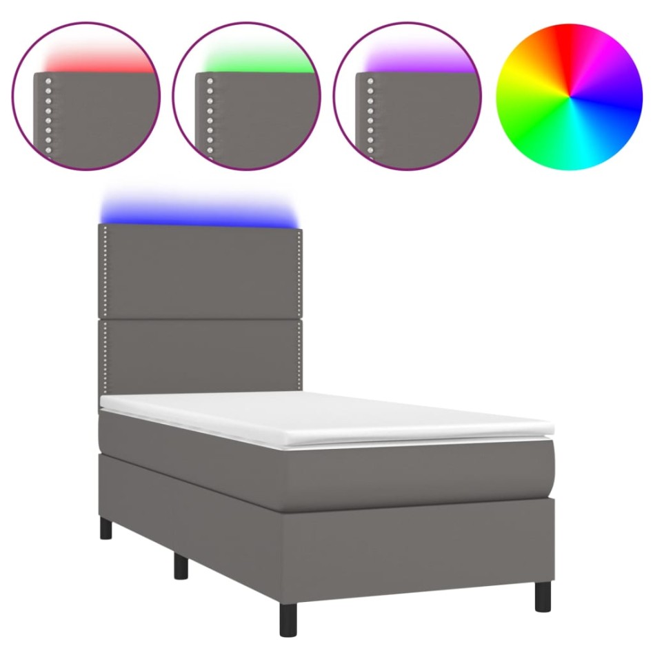 Cama box spring y colchón LED cuero sintético gris 80x200
