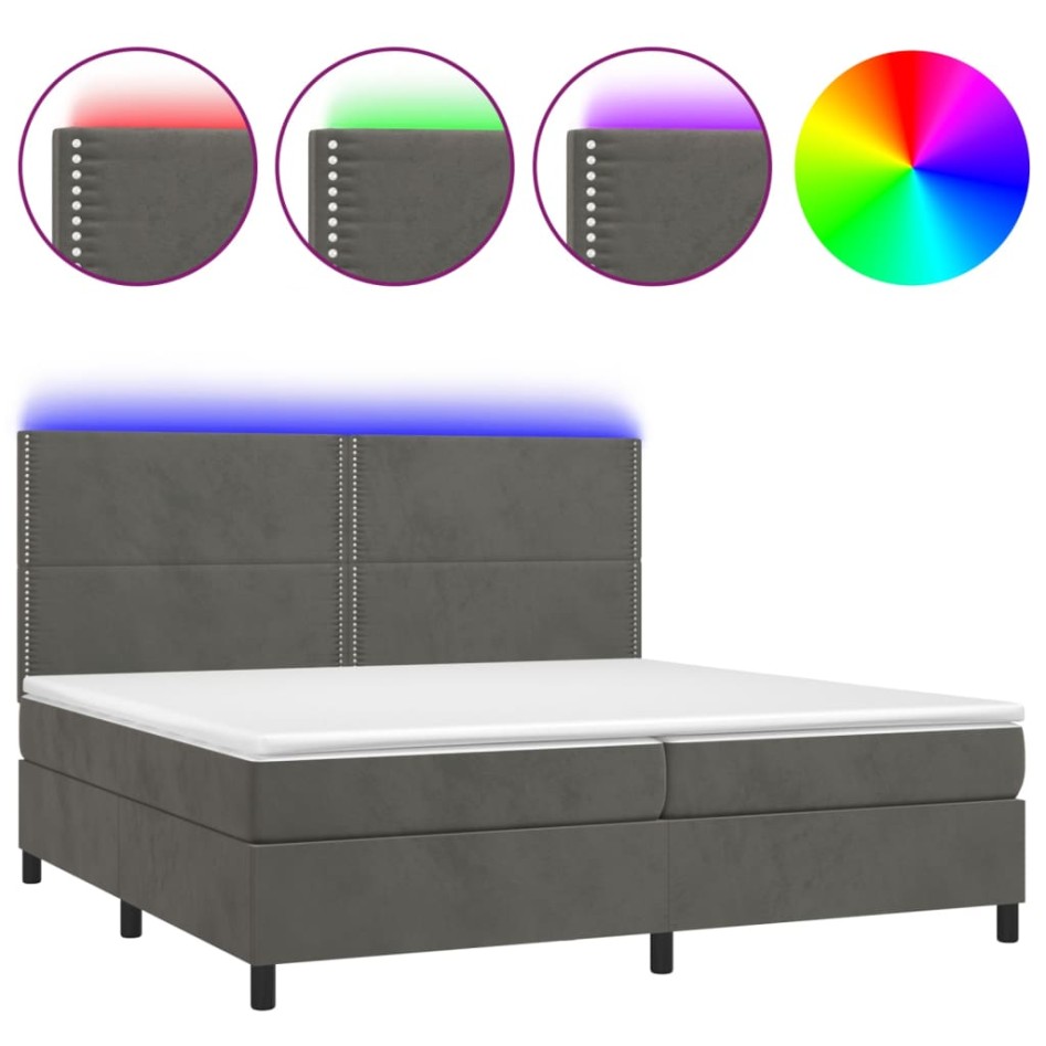 Cama box spring colchón y LED terciopelo gris oscuro 200x200