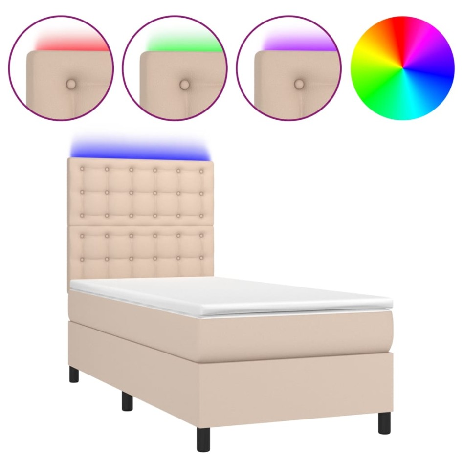 Cama box spring colchón LED cuero sintético capuchino 80x200