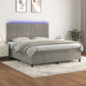 Cama box spring colchón y LED terciopelo gris claro 160x200