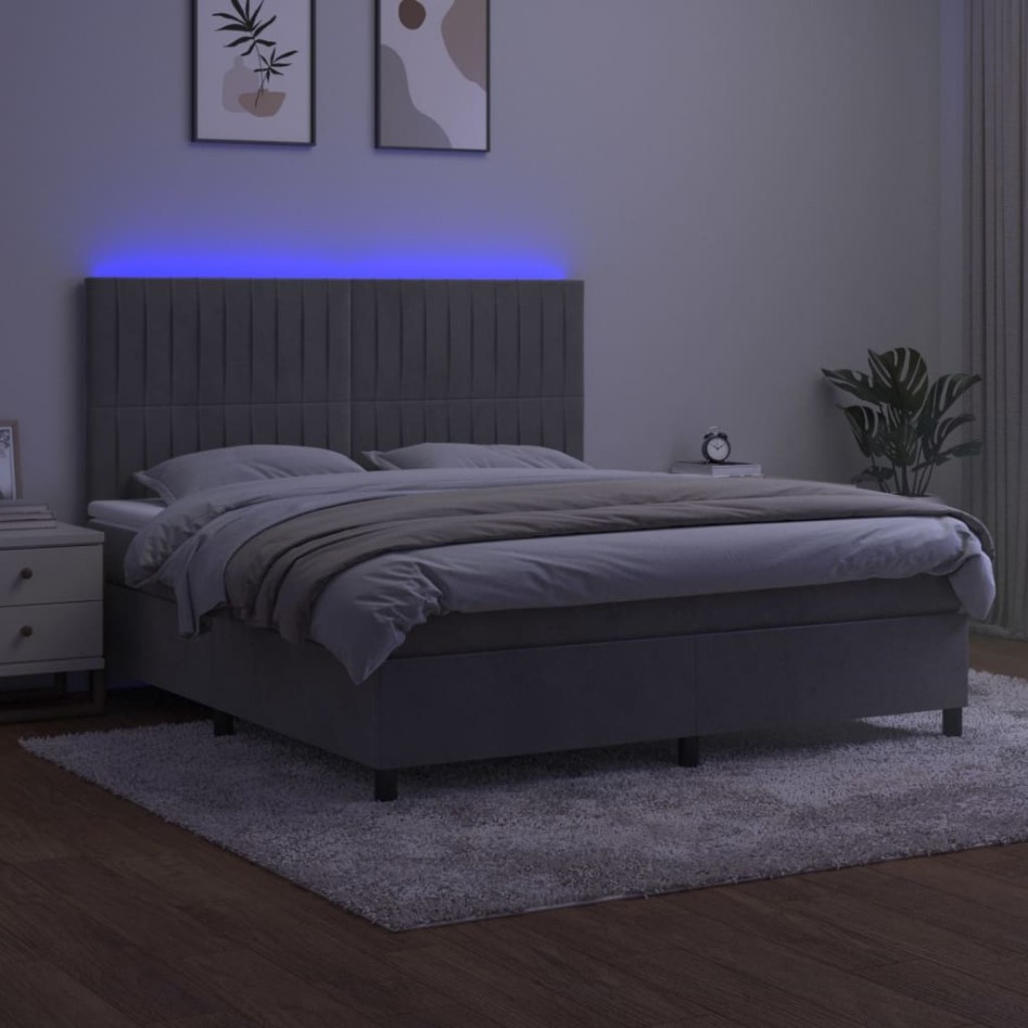 Cama box spring colchón y LED terciopelo gris claro 160x200